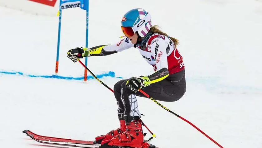 Mikaela Shiffrin seated in the toilet