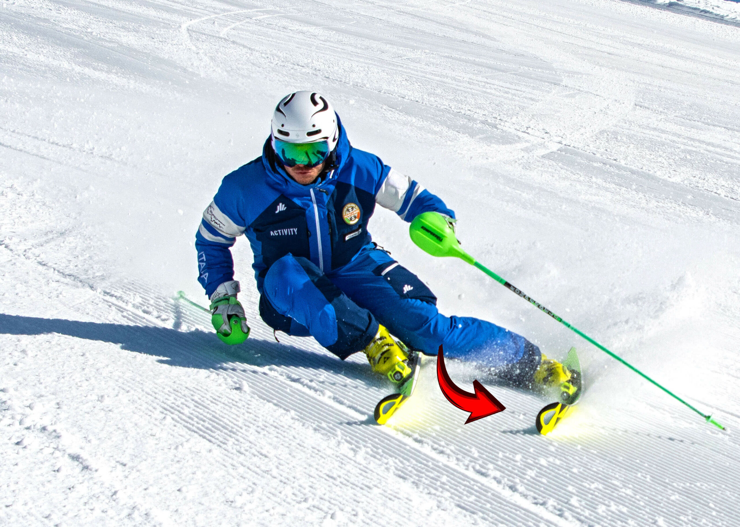 Italian ski instructor showing strong ankle flexion